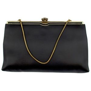 Vintage Ande Black Clutch Purse with Gold Accessories and Chain